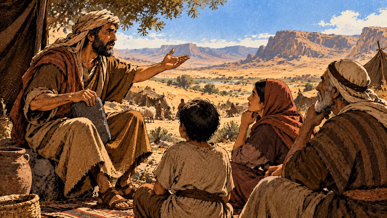 A child, adults, and an elder listen together beside a tent.