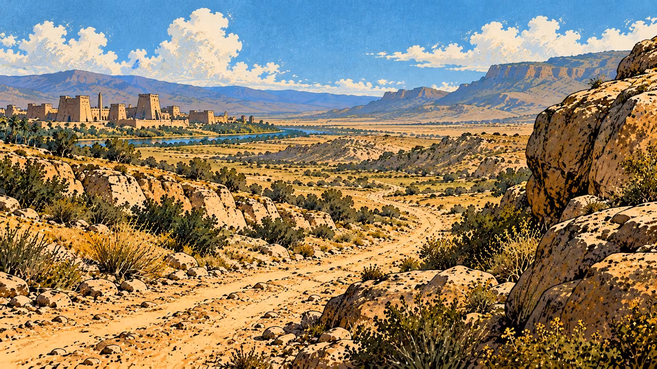 An empty wilderness road recedes from a distant river-side mudbrick settlement.