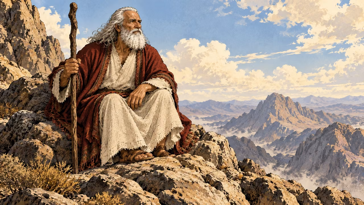 Moses sits alone on a bare mountain ledge with no food or water nearby.