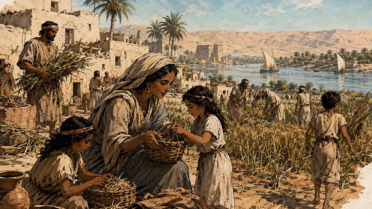 A wide Nile-side settlement with Hebrew families, children, fields and modest homes; convey a thriving community, no named patriarch shown.