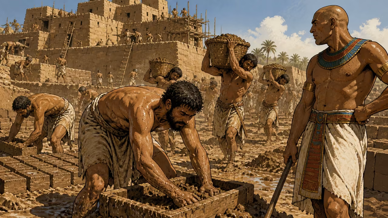 Hebrew workers make mudbrick and carry heavy baskets under Egyptian overseers; exhausting heat, storage-city construction, no pyramids.
