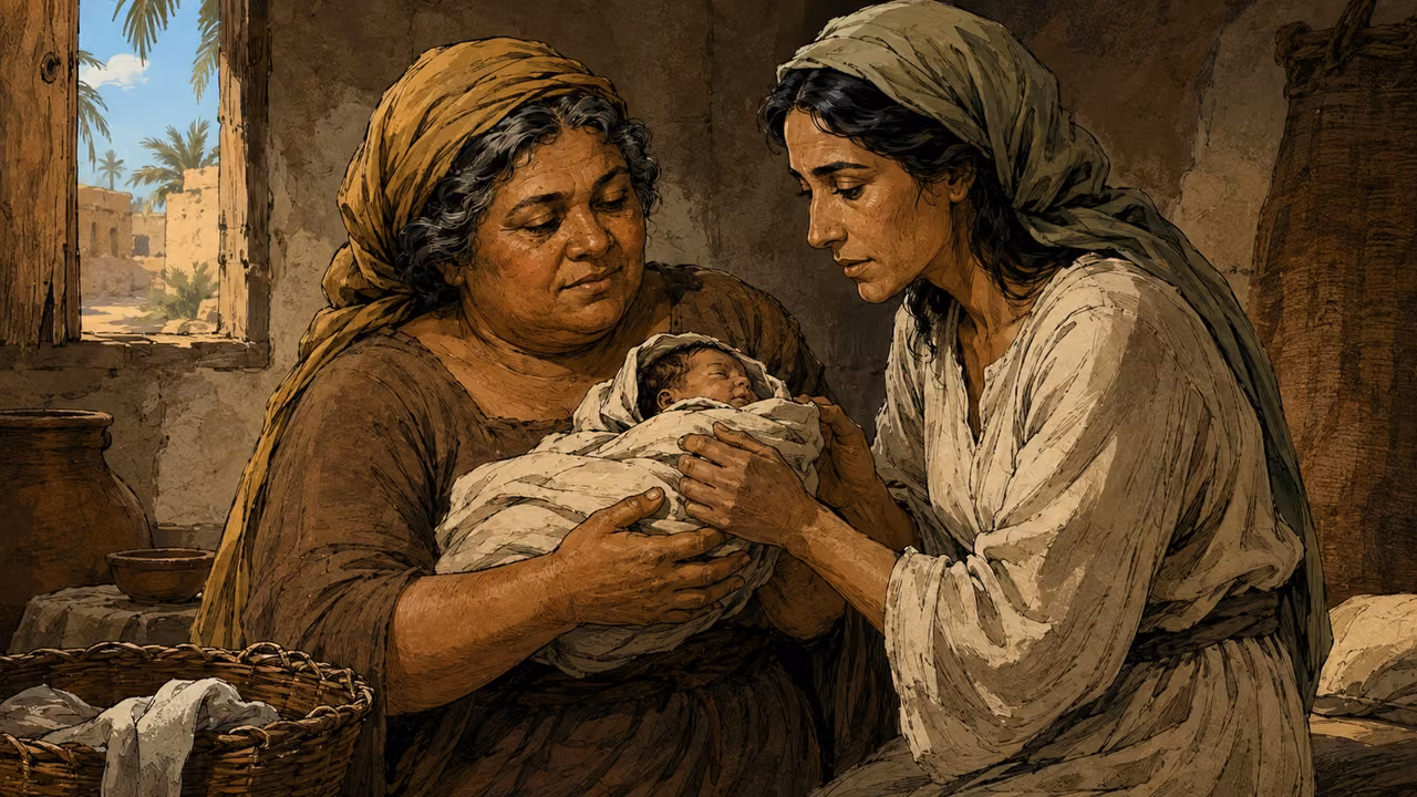 Two distinctly different Hebrew midwives protect a safely swaddled newborn in a modest home; the courage of care.