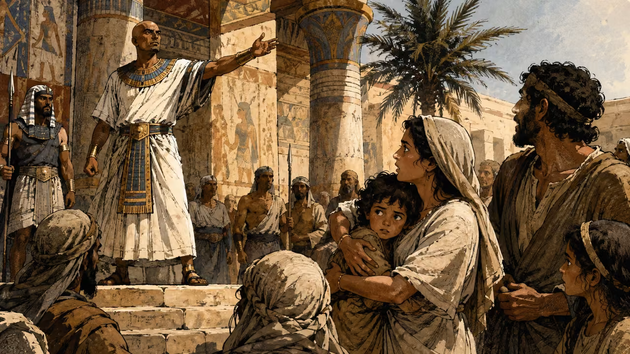 An Egyptian official announces a decree in a public courtyard as Hebrew parents draw their children close; no infant harm shown.