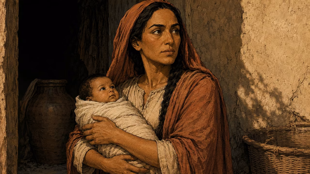 Jochebed cradles infant Moses beside a shaded domestic wall, listening carefully; fully swaddled baby.