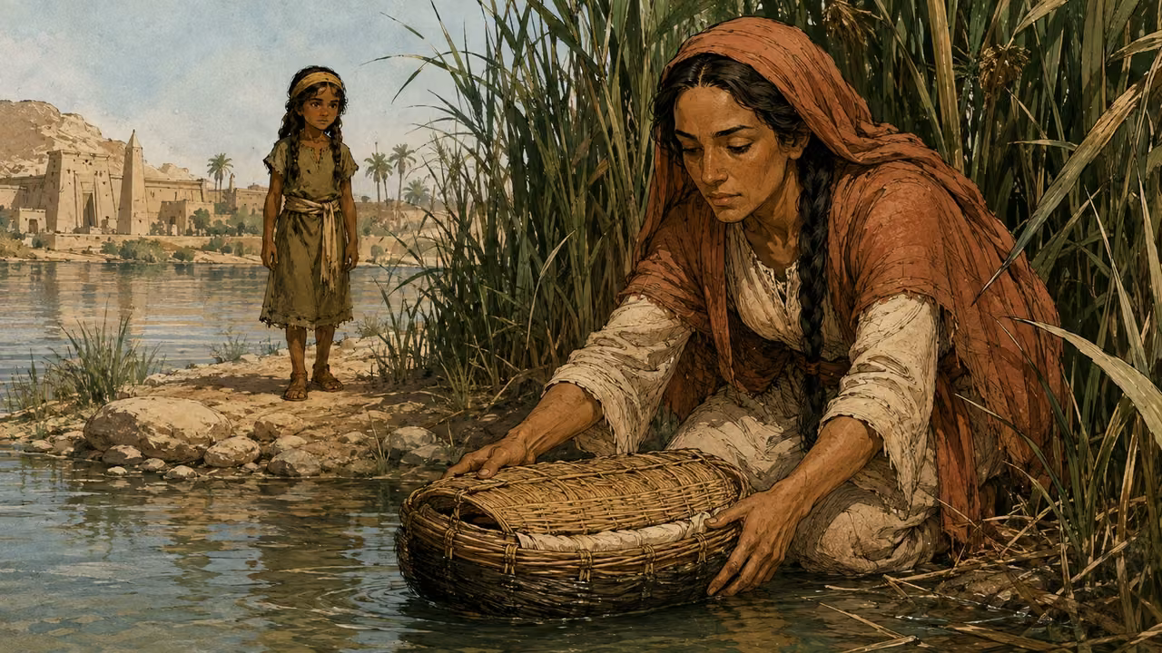 Jochebed lowers the sealed papyrus basket among sheltered Nile reeds; young Miriam watches at a distance.