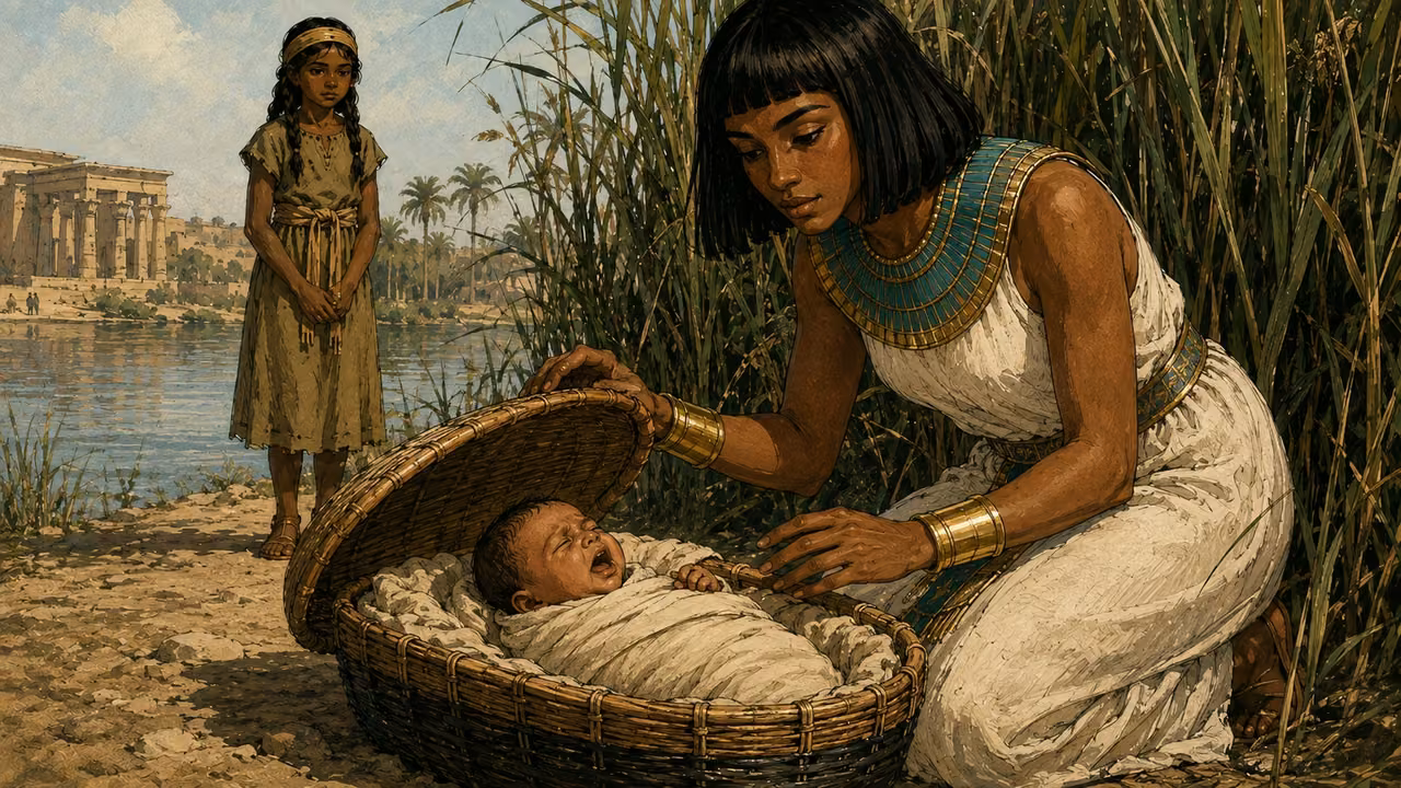 Pharaoh’s daughter kneels beside the opened basket, gazing at infant Moses; attendant nearby. The basket reference is for object continuity only. Jochebed and Miriam are not in this frame. The infant is crying with a small open mouth, without distress injury.