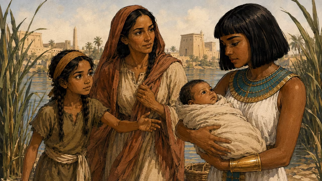 Young Miriam guides Jochebed toward Pharaoh’s daughter, who holds the safely swaddled infant.