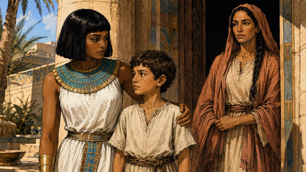 Child Moses stands beside Pharaoh’s daughter at a palace threshold, Jochebed nearby; bittersweet transition.