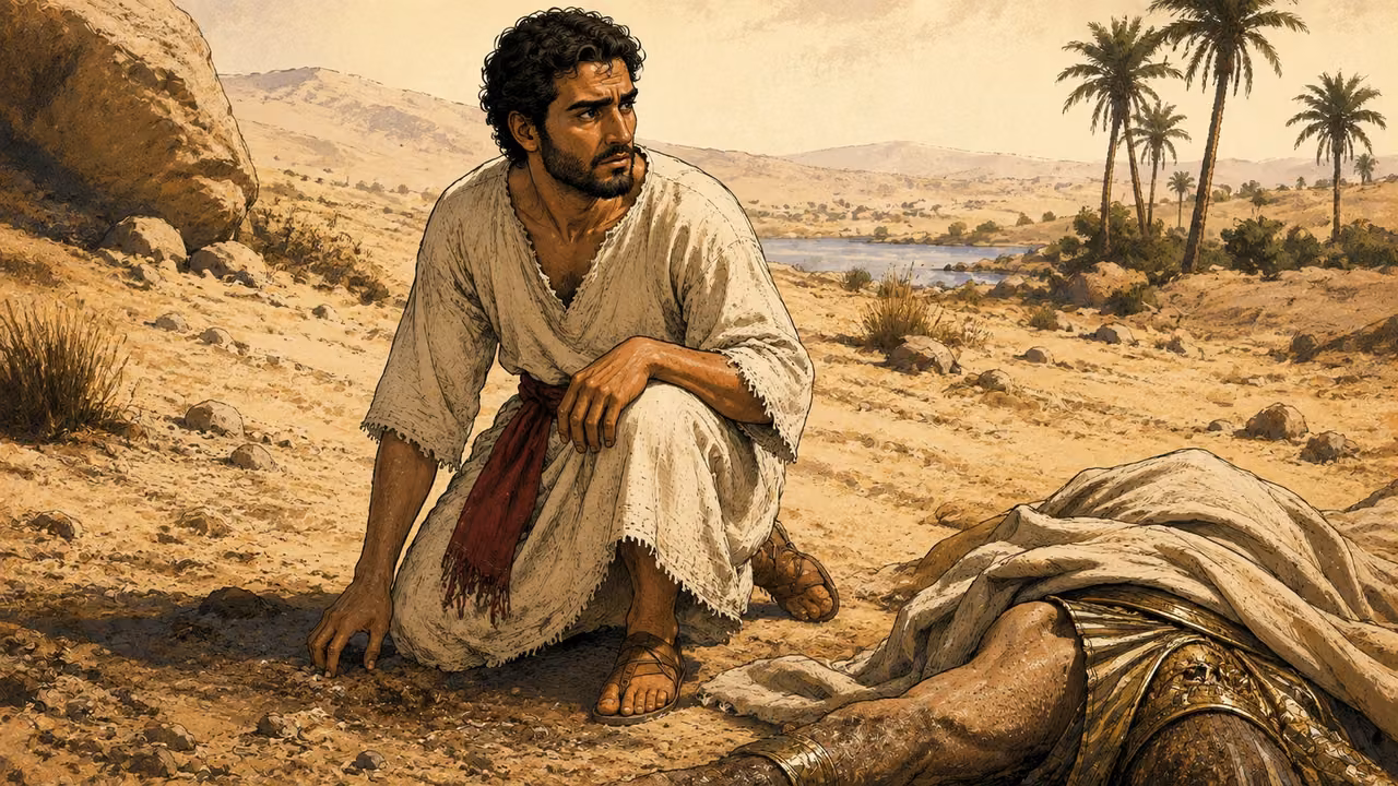 Young adult Moses kneels beside disturbed sand after the killing; fallen Egyptian mostly covered, no gore, his expression shocked and troubled.