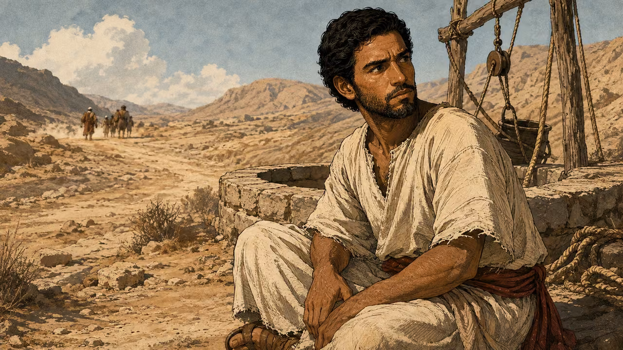 Young adult Moses, dark short hair, sits exhausted beside a desert well, looking back toward the road.