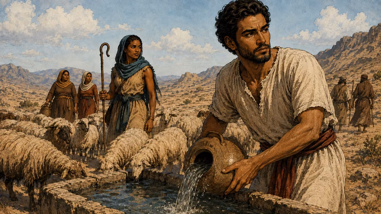 Young Moses draws water into a trough while Zipporah and her sisters gather the flock; departing hostile shepherds distant.