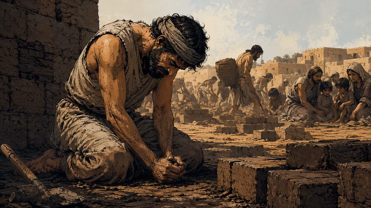 A weary Hebrew laborer kneels in a dark brick-workers yard; distant families endure. Transition caption carries passage of time, not an invented divine figure.