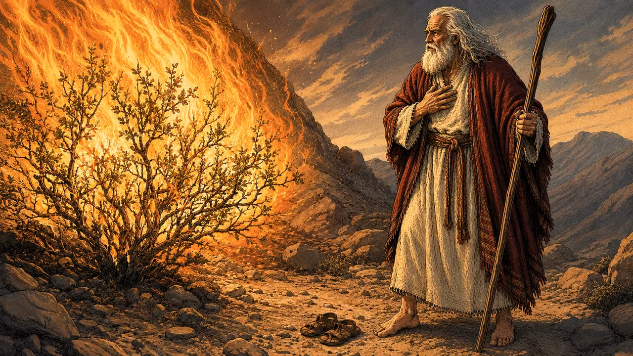 Elder Moses stands barefoot listening beside the intact burning bush, one hand held near his chest; flame only, no visible human deity.