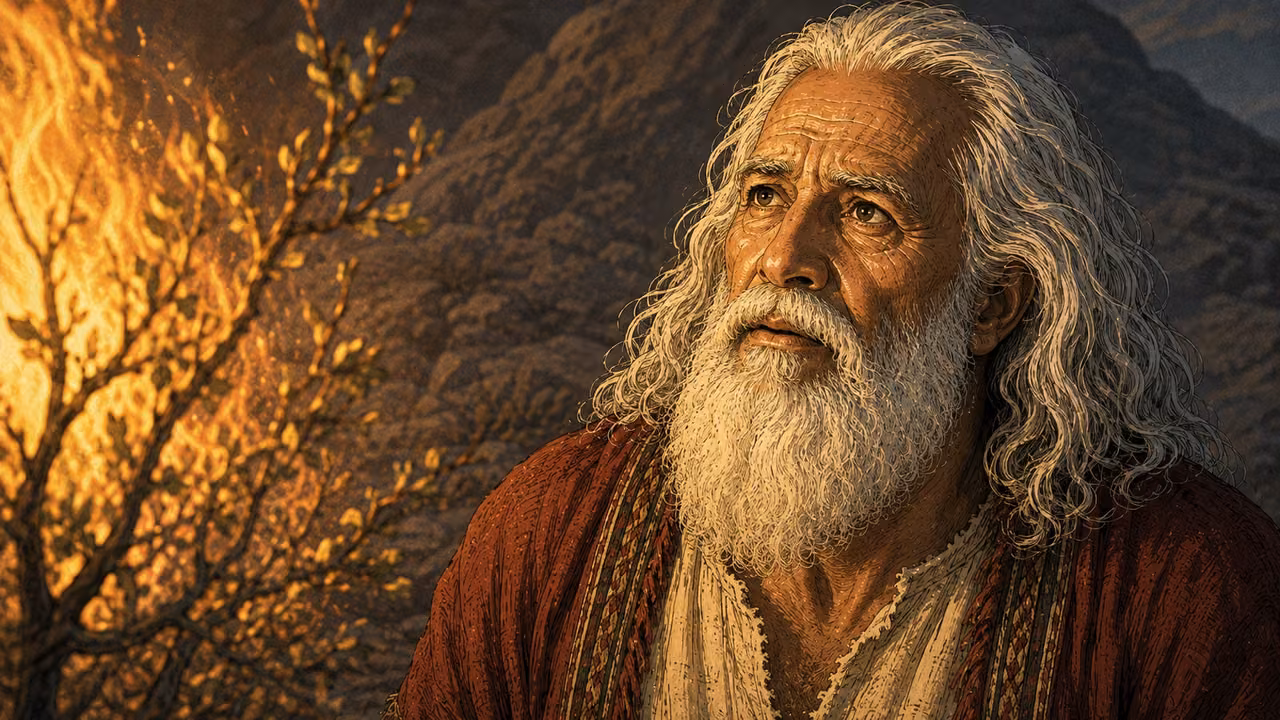 Close portrait of elder Moses listening with reverence, warm firelight across his face; no letters floating in air.