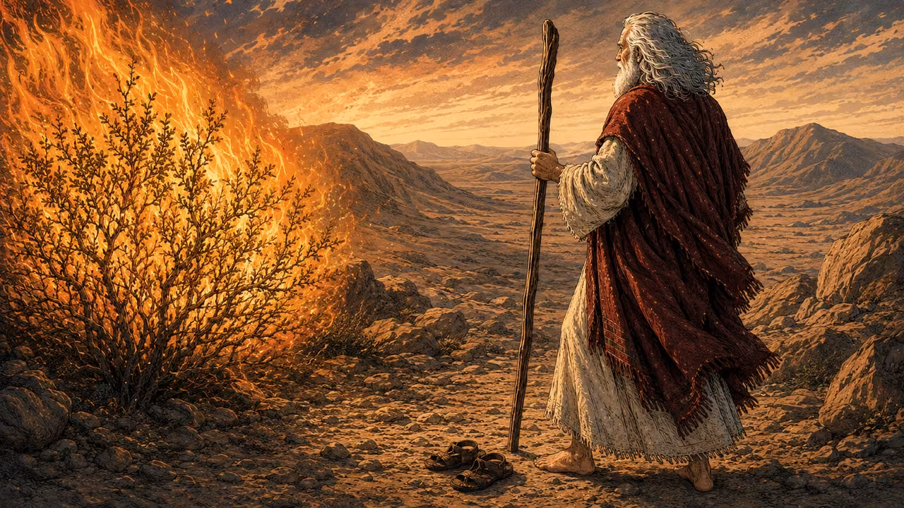 Elder Moses grips his staff and looks toward the distant desert route; the words remain in the attached Scripture, no future events depicted as already occurring.