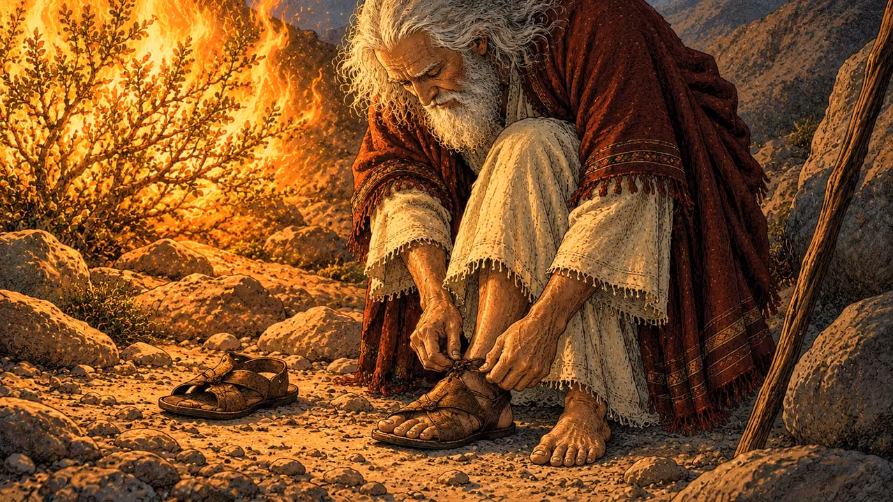 Moses unfastens a sandal beside his already bare foot.