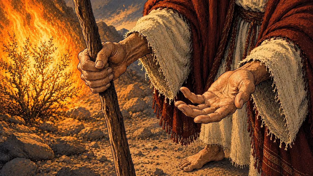 Moses holds his worn shepherd’s staff and opens his other hand uncertainly.