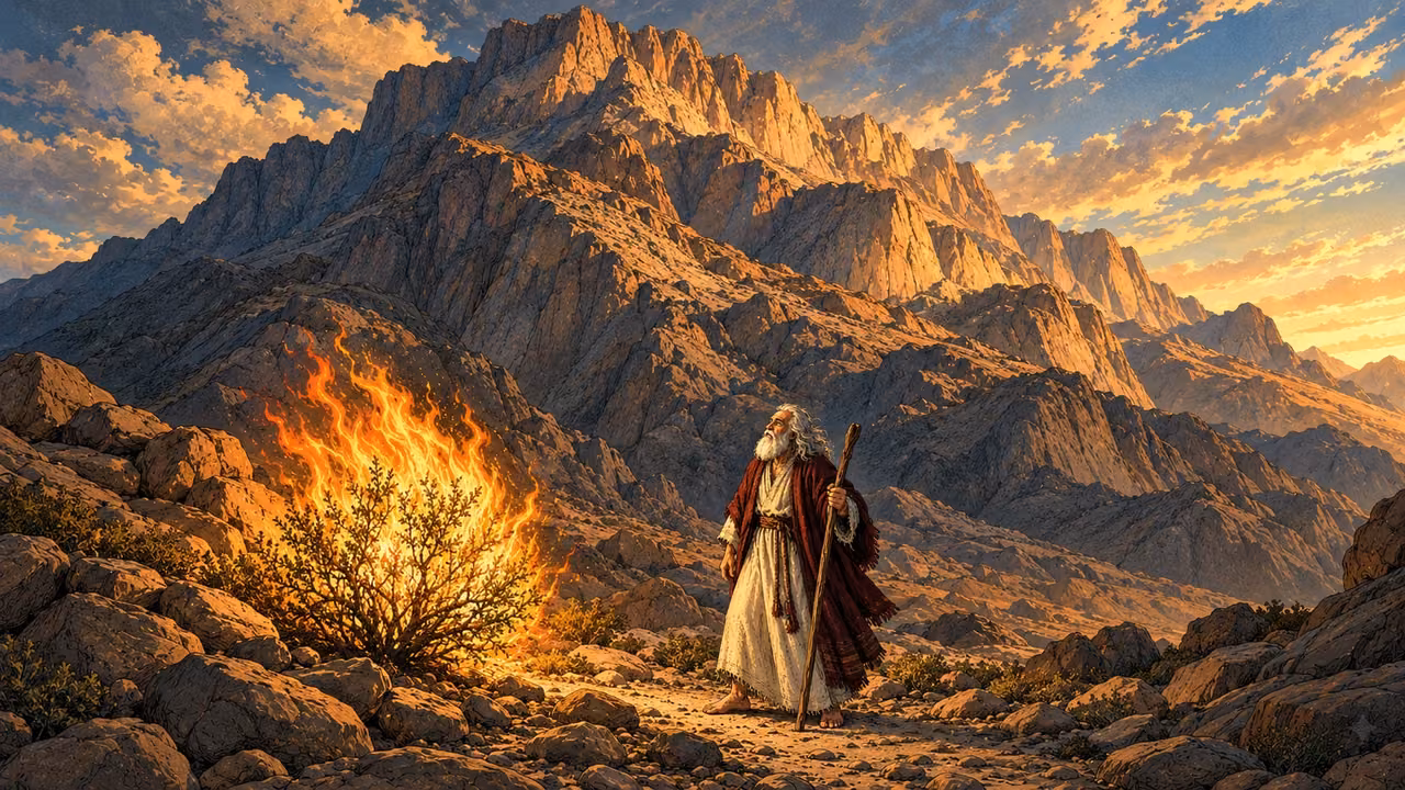 Moses listens beside the bush beneath the rugged heights of Horeb.
