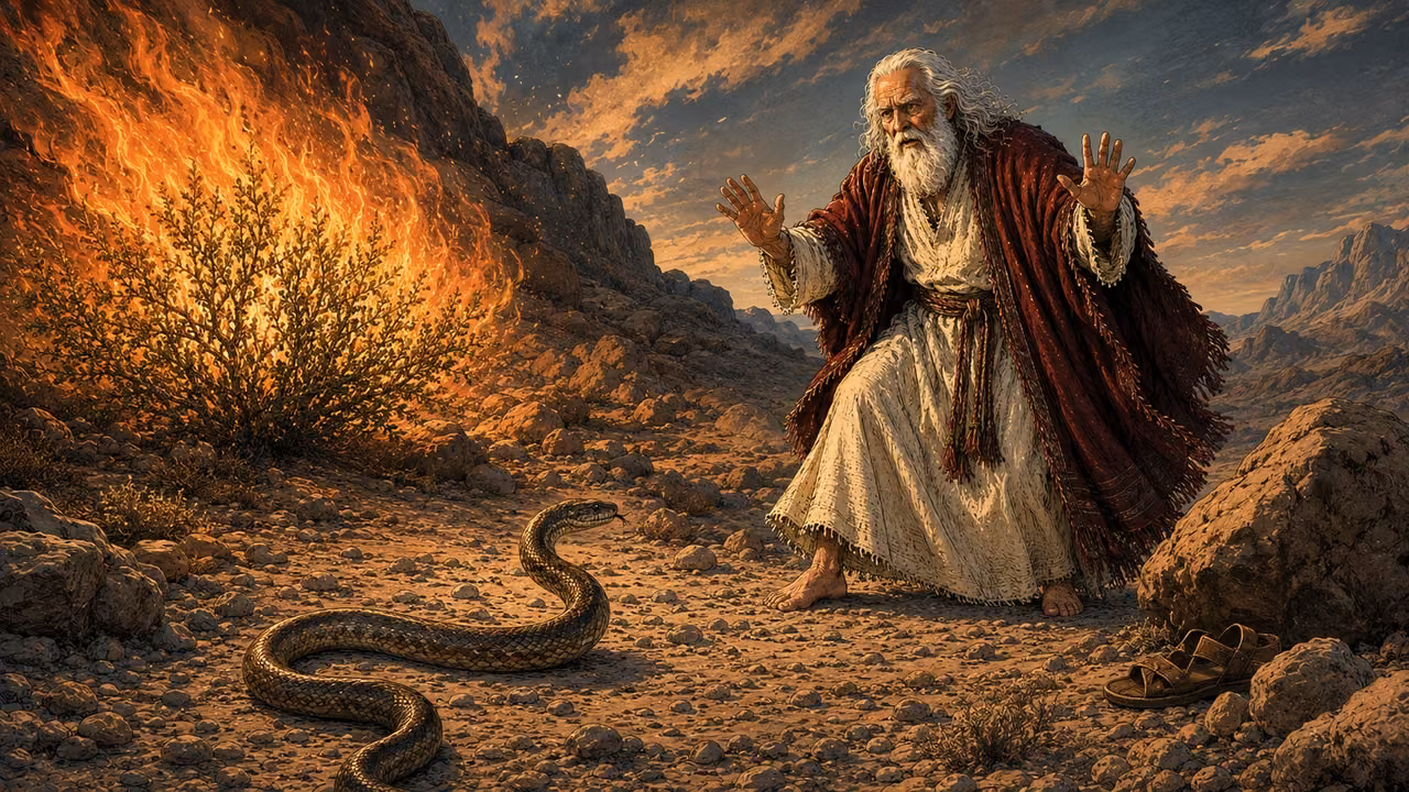 Exodus 4:1-5. The staff becomes a serpent. The same elder Moses recoils and steps back in alarm from a single natural snake on stony ground at Horeb. Both his empty hands clearly visible, palms raised. IMPORTANT narrative transformation: the usual staff has become this snake, so NO wooden staff anywhere in this frame despite the standard character description. Retain face, white hair, beard, crimson mantle and cream robe from reference 1. Barefoot with removed sandals by a rock. The intact burning bush remains in the distant left background, reference 2 fixes location and style. Low wide angle with snake foreground and Moses full body midground; natural snake with no humanoid features or horns. No other person or visible deity. Bronze Age Exodus setting, not first-century staging. One 16:9 single scene. No text or lettering.