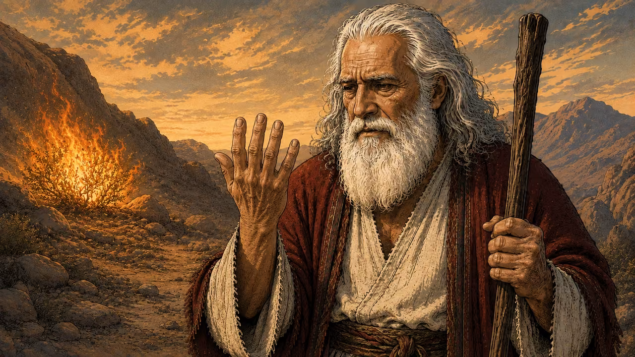 Exodus 4:6-9. A second sign. Medium close view of elder Moses at Horeb studying his restored left hand, drawn out from the fold of his cream robe, with wonder and relief. His raised left hand is ordinary healthy weathered brown skin matching his face, all five fingers natural, no wound, no white patch, no gore. His right hand holds the familiar gnarled staff again, now restored after the earlier sign. Preserve face and crimson mantle of reference 1. The bush glows far in the background left, same rocky Sinai setting and golden light as reference 2. Show the restored state in verse 7; the promised Nile-water sign is NOT enacted here. No other person or divine figure. Composition focused on his hand and thoughtful face, no collage. Bronze Age Exodus setting, not first-century staging. One 16:9 single scene. No text or lettering.