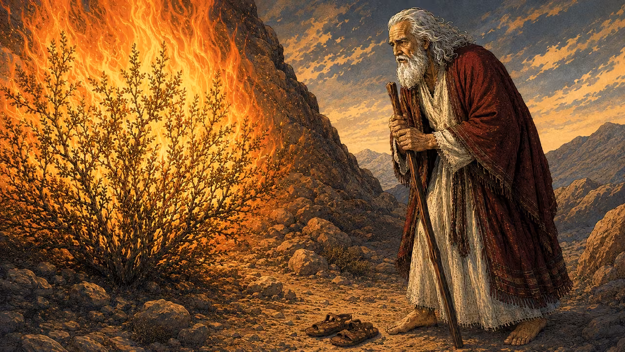 Exodus 4:10-17. A voice beside him. Moses listens with troubled humility beside the living burning bush at Horeb. New medium environmental composition: he leans slightly forward over the gnarled staff held in both hands at waist height, eyebrows knit, mouth slightly parted as he expresses his difficulty speaking. Preserve elder face and clothes from reference 1, location and ink-and-gouache style from reference 2. Bare feet on rocky ground, removed sandals nearby; bush at frame left illuminates him. No Aaron physically present yet, no other people, no divine human figure. The promised assistance is conveyed by attached Scripture, not a vision or second figure. Bronze Age Exodus setting, not first-century staging. One 16:9 single scene. No text or lettering.