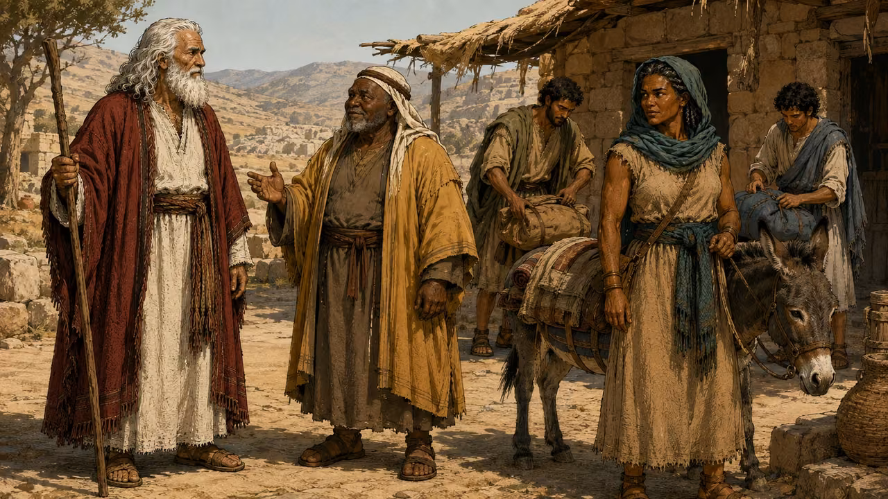 Exodus 4:18-23. The road back. Departure preparation in Midian, calm morning, single wide narrative scene. Moses in crimson and cream, long white hair and beard, stands at left facing short stocky Jethro in ochre with cream/brown headwrap and sparse short white beard. Jethro bids him farewell with a quiet open-handed gesture. At center-right mature Zipporah in deep teal and sand stands beside ONE saddled donkey with folded travel cloths. In middle distance the two sons prepare bundles: sturdy adult Gershom wears olive and tan; slim younger adult Eliezer wears blue-gray and cream. Exactly FIVE distinct family members, each matching their own reference, no duplicate faces or merged limbs. Low stone home and goat-hair awning, dry Midian hills behind. Moses holds gnarled staff and wears sandals for the journey. No burning bush or supernatural fire in this domestic setting. No one riding yet; avoid piling adults on one donkey. The primary action is Moses receiving farewell, with family preparations subordinate. Bronze Age Exodus setting, not first-century staging. One 16:9 single scene. No text or lettering.