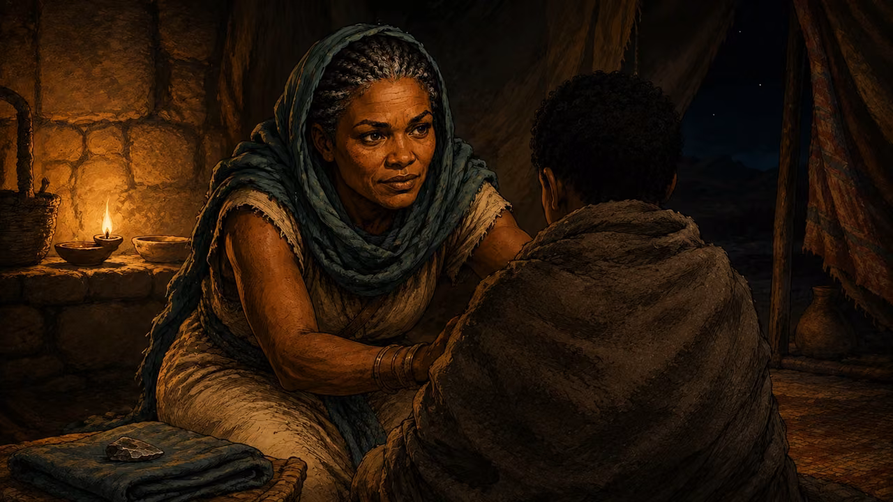 Exodus 4:24-26. At the lodging place. Respectful non-graphic aftermath at a humble night lodging on the desert journey. Mature Zipporah alone is the focal face, kneeling beside her fully clothed son who is seated with his BACK TO CAMERA, wrapped modestly in a blanket over his tunic. Keep the son largely silhouetted and age visually nonspecific; do not identify which son. Zipporah wears the deep muted teal scarf and sand dress of the reference, natural age lines and gray braids, expression exhausted and resolute. A small chipped flint lies on a folded cloth in the foreground well away from his body. No exposed anatomy, no visible wounds or cutting, no blood detail. Quiet oil-lamp illumination on a stone wall and tent cloth. No other person shown, no divine figure or attacker. Wide intimate single scene, warm lamplight and cool night shadows. Do not render quoted speech or captions. Bronze Age Exodus setting, not first-century staging. One 16:9 single scene. No text or lettering.