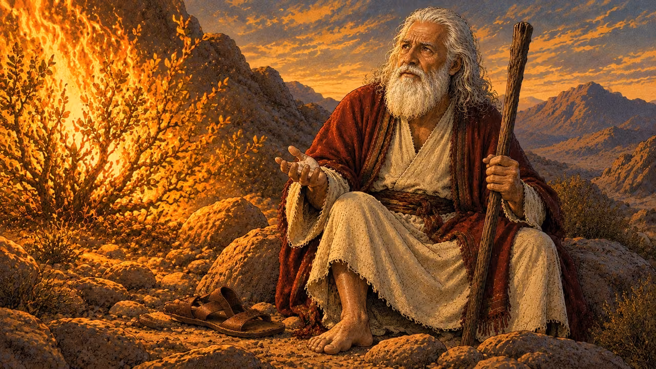 Moses listens with his restored hand open and his staff beside him.
