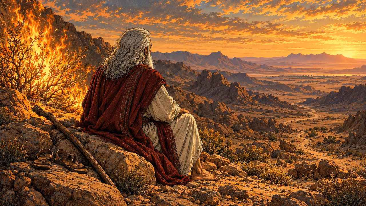 Moses looks toward the desert route while listening beside the bush.