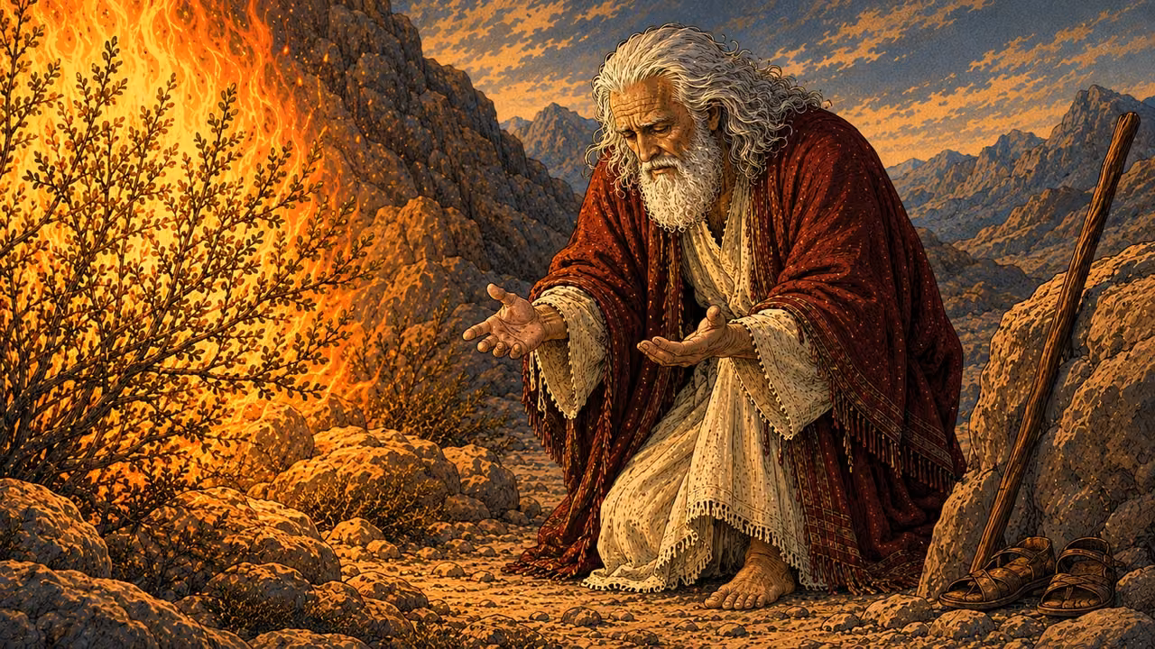 Moses lowers his head and pleads with both hands open.