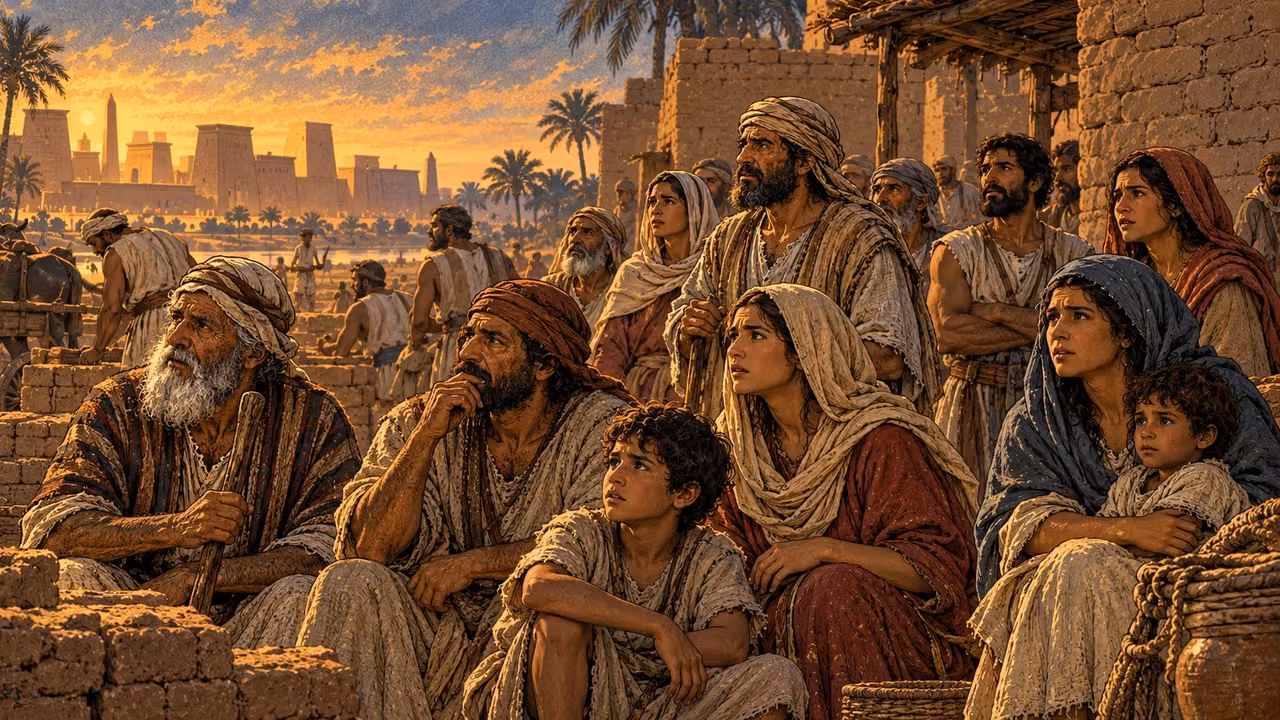 Hebrew workers and families wait together beside mudbrick homes in Egypt.