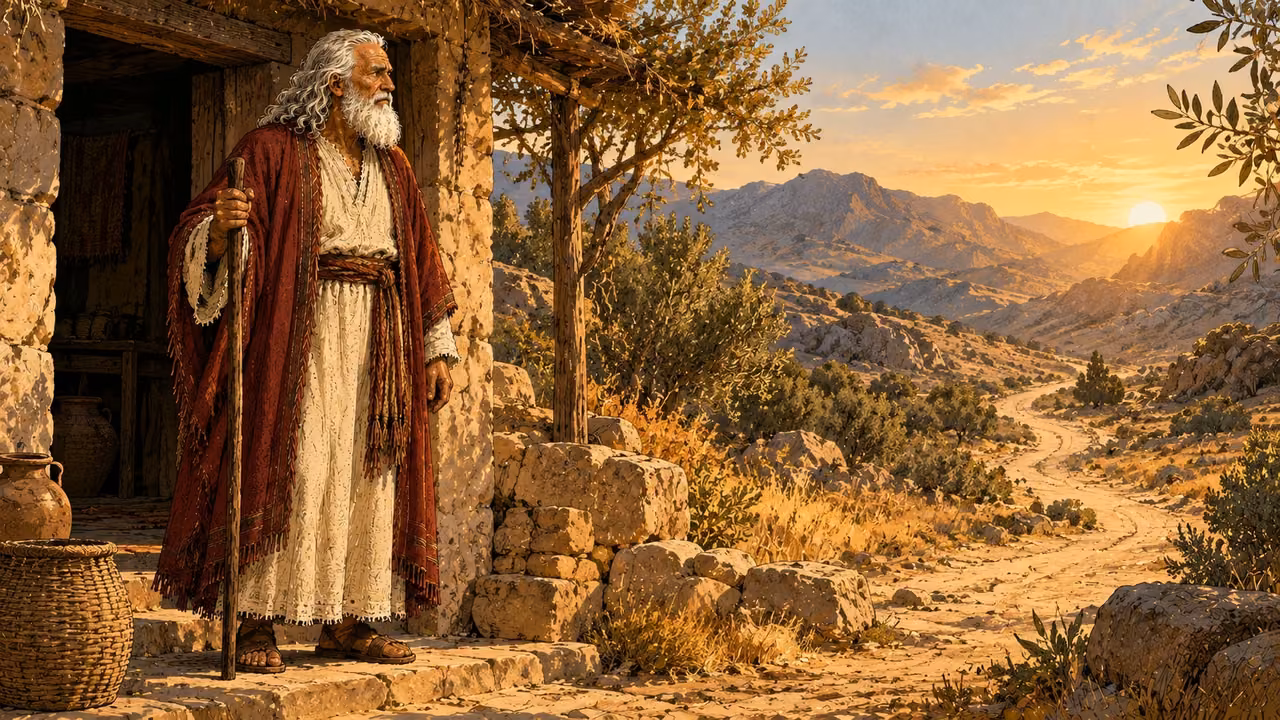 Moses stands at the doorway of his Midian home with his staff.