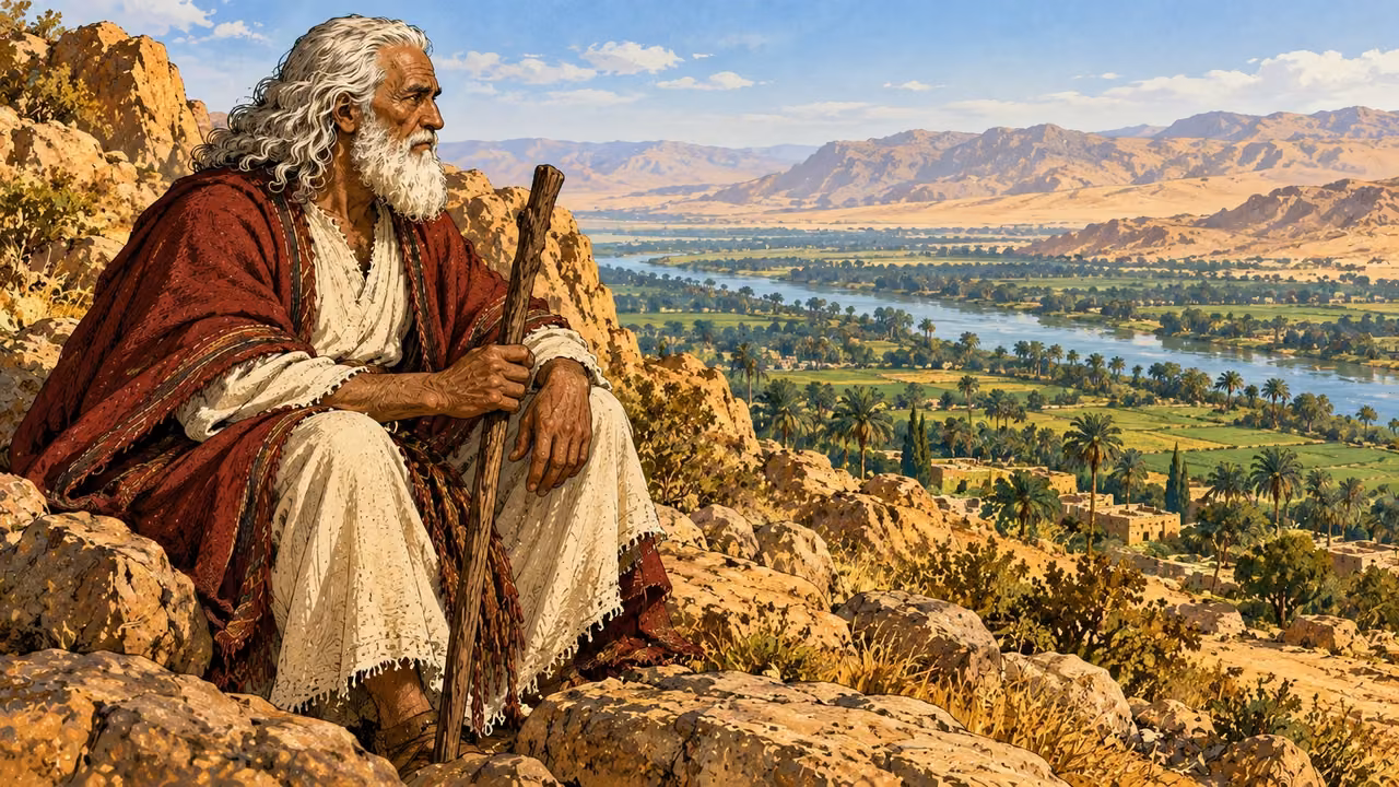 Moses sits on a ridge looking toward the Nile valley.
