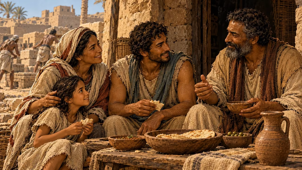 A Hebrew family shares bread outside a mudbrick home.