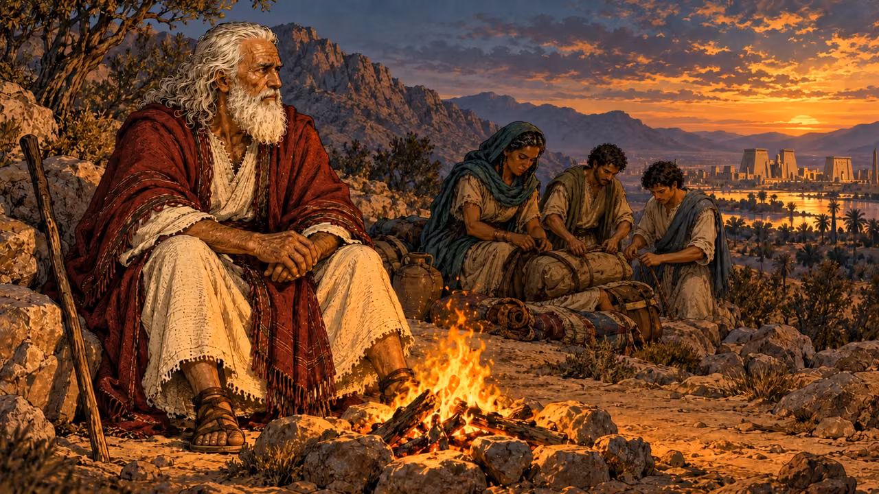 Moses sits beside a campfire while Zipporah and their grown sons tend their bundles.