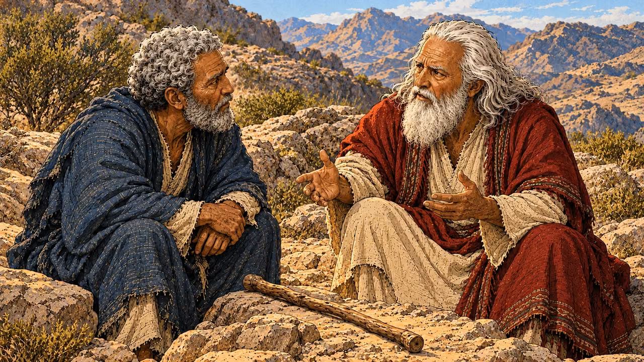 Moses tells Aaron about his commission with the wooden staff between them.
