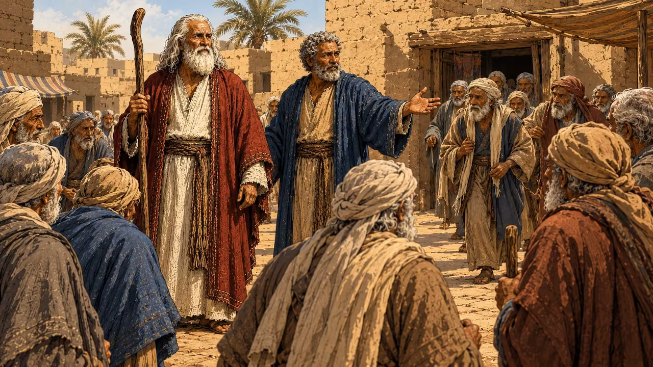 Aaron welcomes gathering elders while Moses stands beside him.
