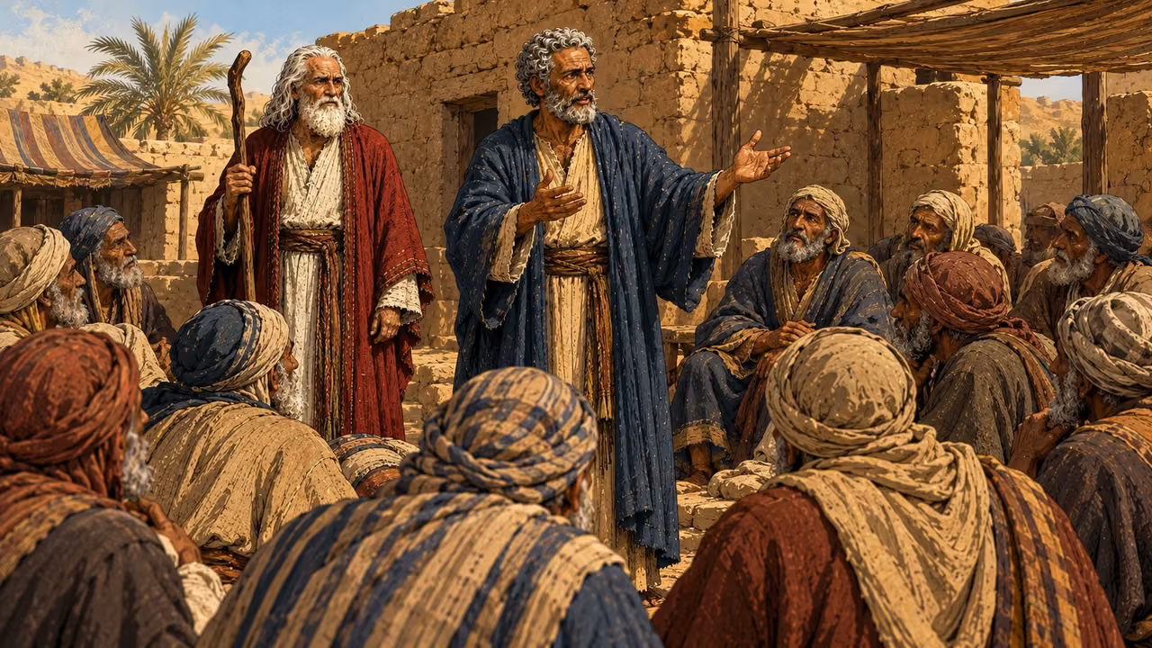 Aaron speaks to the seated elders while Moses listens.