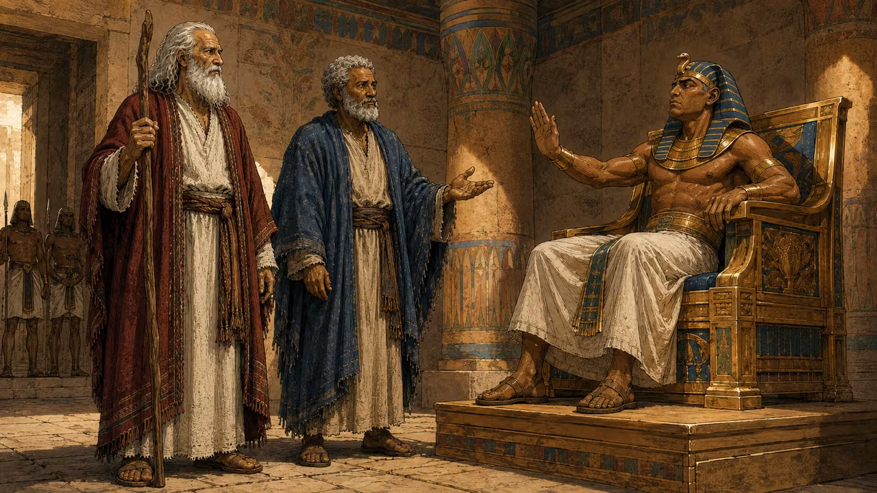 Exodus 5:1-5. Before Pharaoh. Moses and Aaron stand before Pharaoh in a restrained Egyptian audience hall. Three central characters: Moses at left in crimson mantle, long white hair and beard with gnarled staff; Aaron beside him in dusty indigo, short silver-gray curls and rounded beard, calmly addressing the king; Pharaoh at right seated rigidly on a low-backed gilded wood throne on a shallow raised platform, wearing his blue/gold nemes and white linen. Match each person only to his corresponding reference. Pharaoh turns a dismissive open palm toward them, refusal conveyed by posture. Painted plaster walls, simple lotus-form columns, stone floor, warm daylight from high openings, deep shadows. Two small distant guards may stand at the doorway without distracting. No miracle, snake, burning bush, deity, Roman columns or modern architecture. One coherent wide 16:9 scene, no text. Bronze Age Exodus setting, not first-century staging. One 16:9 single scene. No text or lettering.