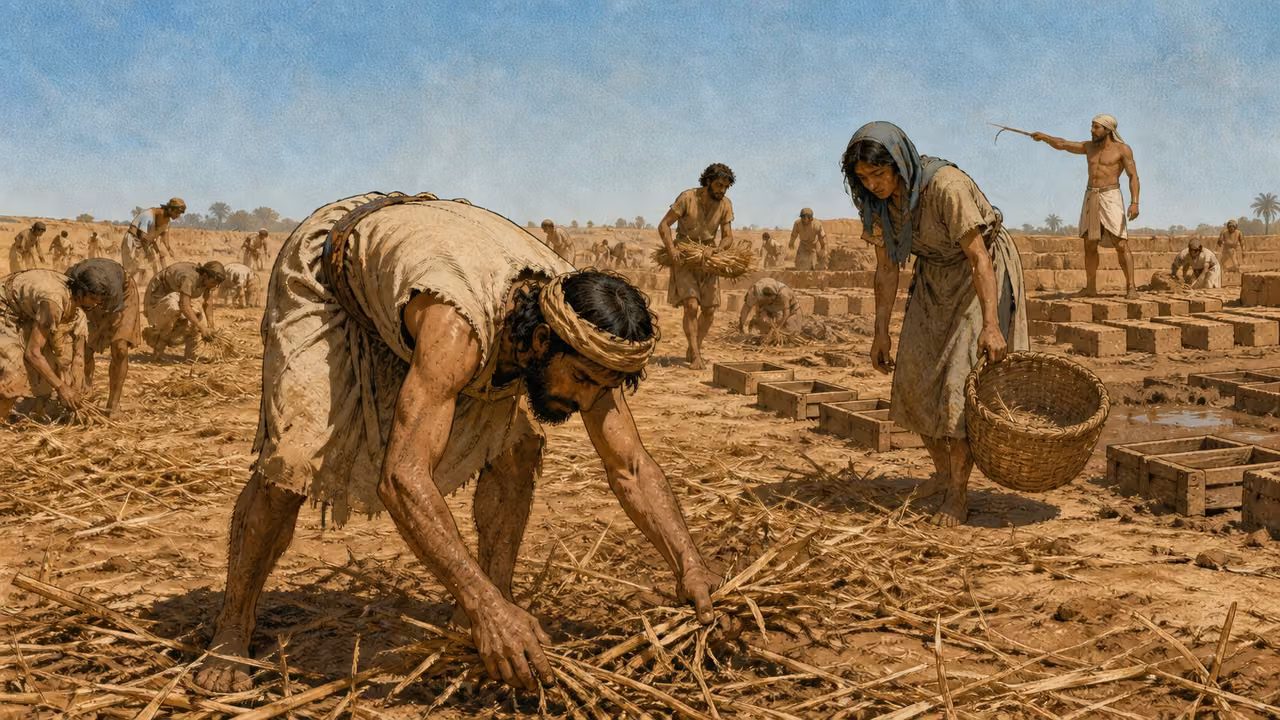 Exodus 5:6-14. Bricks without straw. Wide sun-baked harvested stubble field at the edge of an Egyptian mudbrick yard. Exhausted Hebrew men and women stoop to pick scattered dry stalks by hand and carry small meager bundles. Foreground focal worker with bent back and dusty hands gathers scarce straw; another carries an almost empty basket. Distant rows of unfinished mudbricks and wooden rectangular molds wait beside mud pits. An Egyptian overseer stands in far background pressing them onward, no foreground assault. Low horizon and harsh midday light convey relentless quota and scarcity. Ordinary distinct unnamed workers in rough tan linen, no Moses, Aaron, Pharaoh, pyramids or modern implements. Match established hand-inked gouache graphic-novel style. Bronze Age Exodus setting, not first-century staging. One 16:9 single scene. No text or lettering.