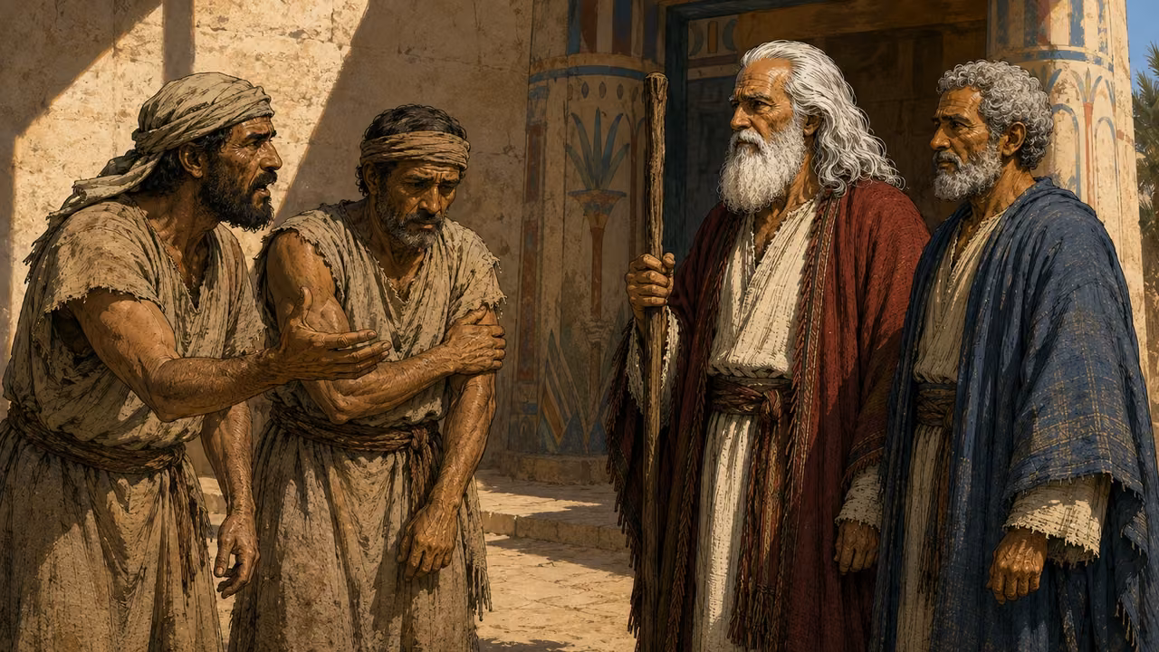 Exodus 5:15-21. Hope turns to anger. Outside the entrance of the Egyptian palace, exhausted Hebrew foremen confront Moses and Aaron after their rejected appeal. Two distressed foremen in dusty worn tan linen foreground left, one gesturing with an open hand, the other holding his tired upper arm, no wounds or weapons. Moses and Aaron at right listen soberly: Moses tall white hair and long beard in crimson with staff; Aaron slightly shorter with short gray curls and rounded beard in dusty indigo. Match references exactly and keep foremen visually distinct from both. Palace plaster wall and simple Egyptian painted gate behind, afternoon shadows. Pharaoh is NOT outside in this scene. Emotion is wounded anger and exhaustion, no assault, no magical effects or lettering. Bronze Age Exodus setting, not first-century staging. One 16:9 single scene. No text or lettering.