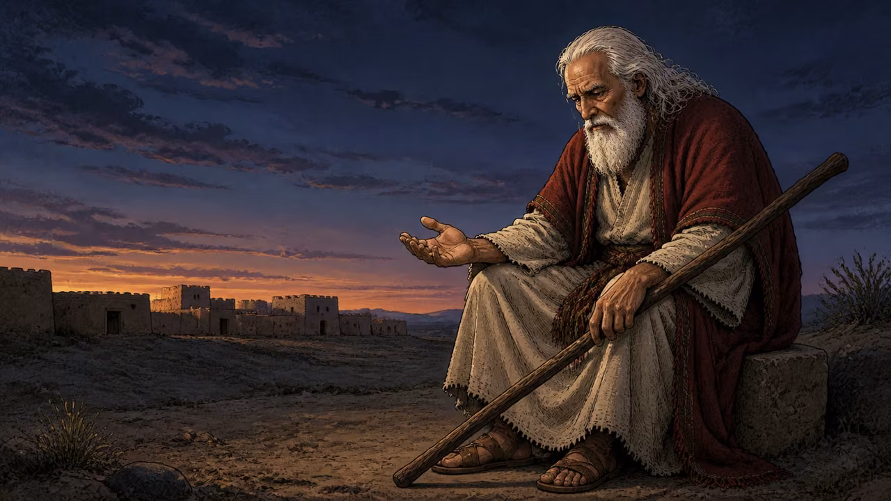 Exodus 5:22-23. Why have you sent me?. Moses alone outside a low Egyptian mudbrick settlement at dusk, questioning in sorrow after the increased oppression. Wide quiet composition with much empty dim sky and a few distant homes; seated on a low stone at frame right, head bowed, long white hair and beard, crimson mantle over cream robe, gnarled staff lowered diagonally beside him and resting against his knee. One hand open in troubled prayer, other rests on the staff. Reference locks elder identity. No burning bush, no other characters, no visible deity or supernatural light. Cool twilight with a last narrow warm horizon; dignified emotional restraint, hand-inked graphic novel. Bronze Age Exodus setting, not first-century staging. One 16:9 single scene. No text or lettering.