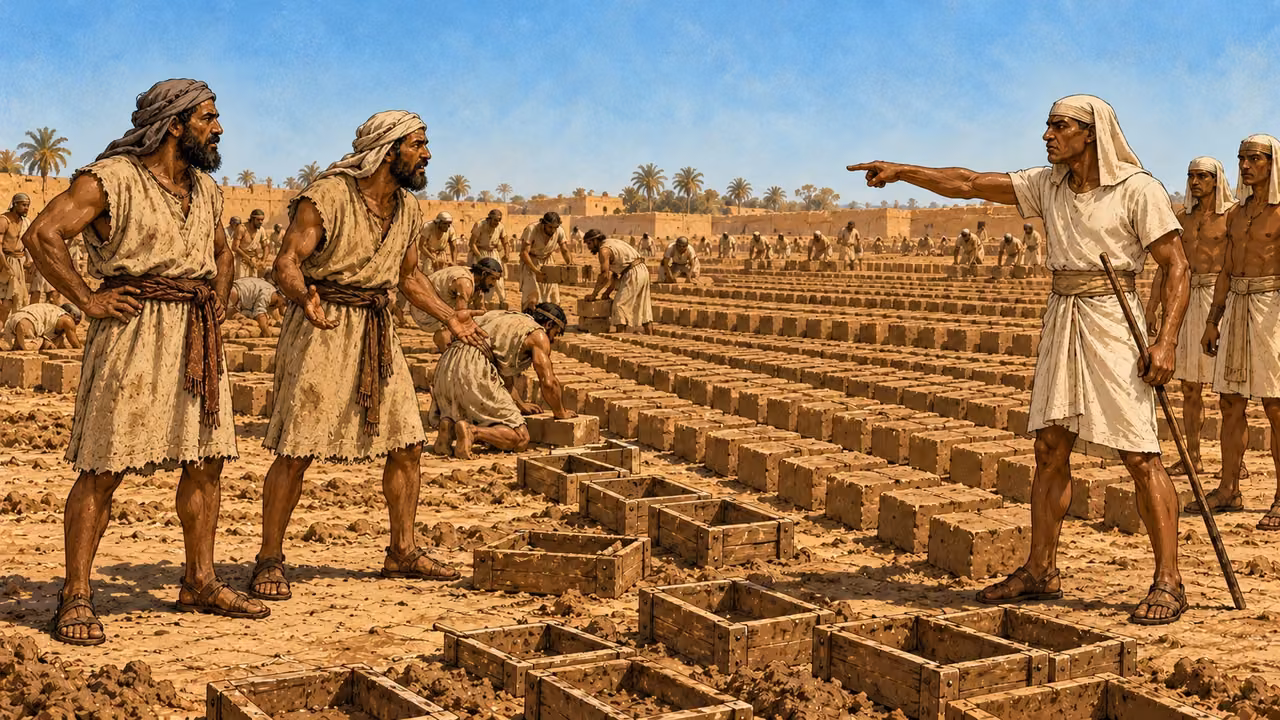 A plain linen taskmaster points across brick rows toward two weary foremen.