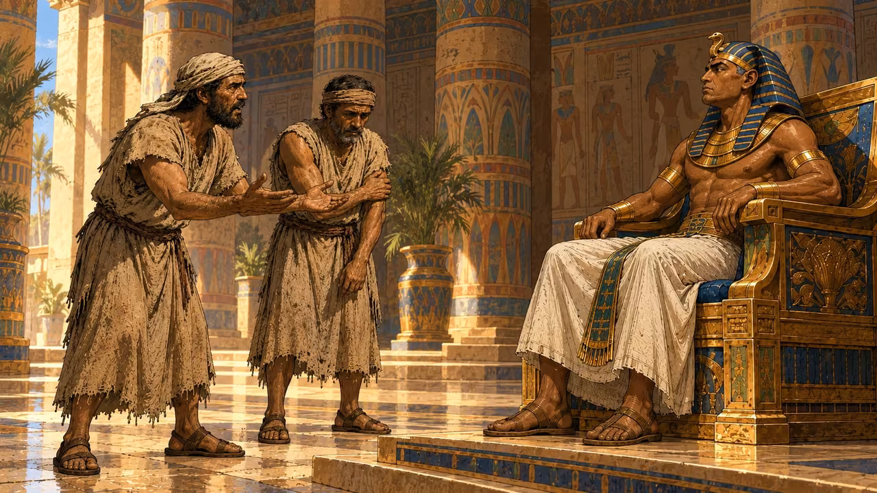 Two dusty foremen appeal directly to the seated king.