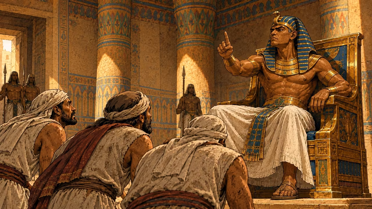 Pharaoh raises an accusing finger toward kneeling foremen.
