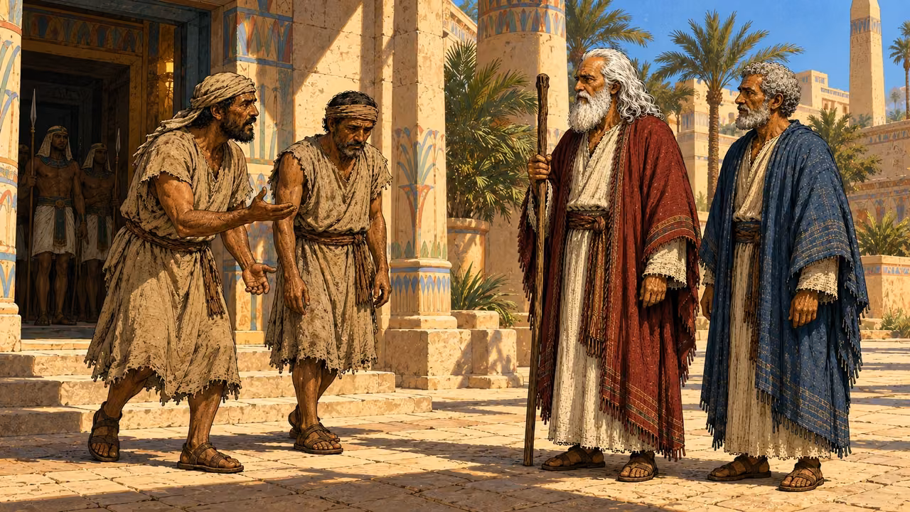 The foremen approach Moses and Aaron at the palace entrance.