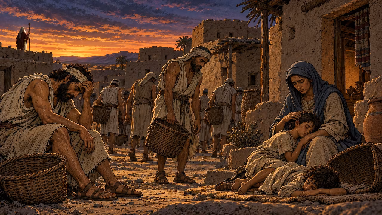 Exhausted families return through a settlement while Moses prays on a distant rooftop.
