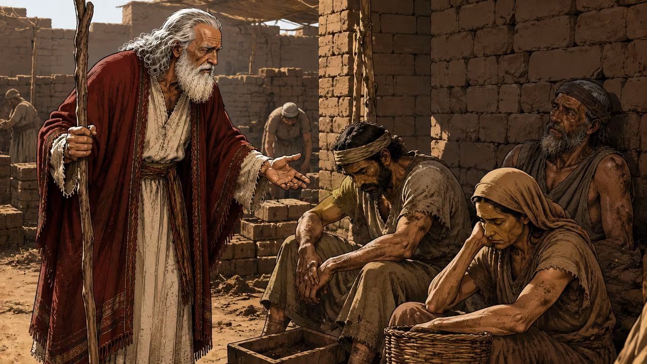 Exodus 6:1-9. I will redeem you. Moses speaks gently to discouraged Hebrew brick workers who are too exhausted to listen. In a shaded mudbrick yard, Moses at left leans toward three seated laborers, open hand calm, gnarled staff in the other. His canonical long white hair/beard and crimson mantle over cream robe remain exact. Foreground worker sits slumped elbows on knees and eyes lowered; nearby woman rests beside a basket with weary face, older man leans against wall. Keep unnamed workers different from Moses and Aaron. Unfinished brick stacks, rough woven baskets, a wooden mold; subdued natural daylight, no celebratory expressions. No vision of ancestors, promised land, divine figure or future deliverance enacted. One clear narrative moment based on verse 9. Bronze Age Exodus setting, not first-century staging. One 16:9 single scene. No text or lettering.