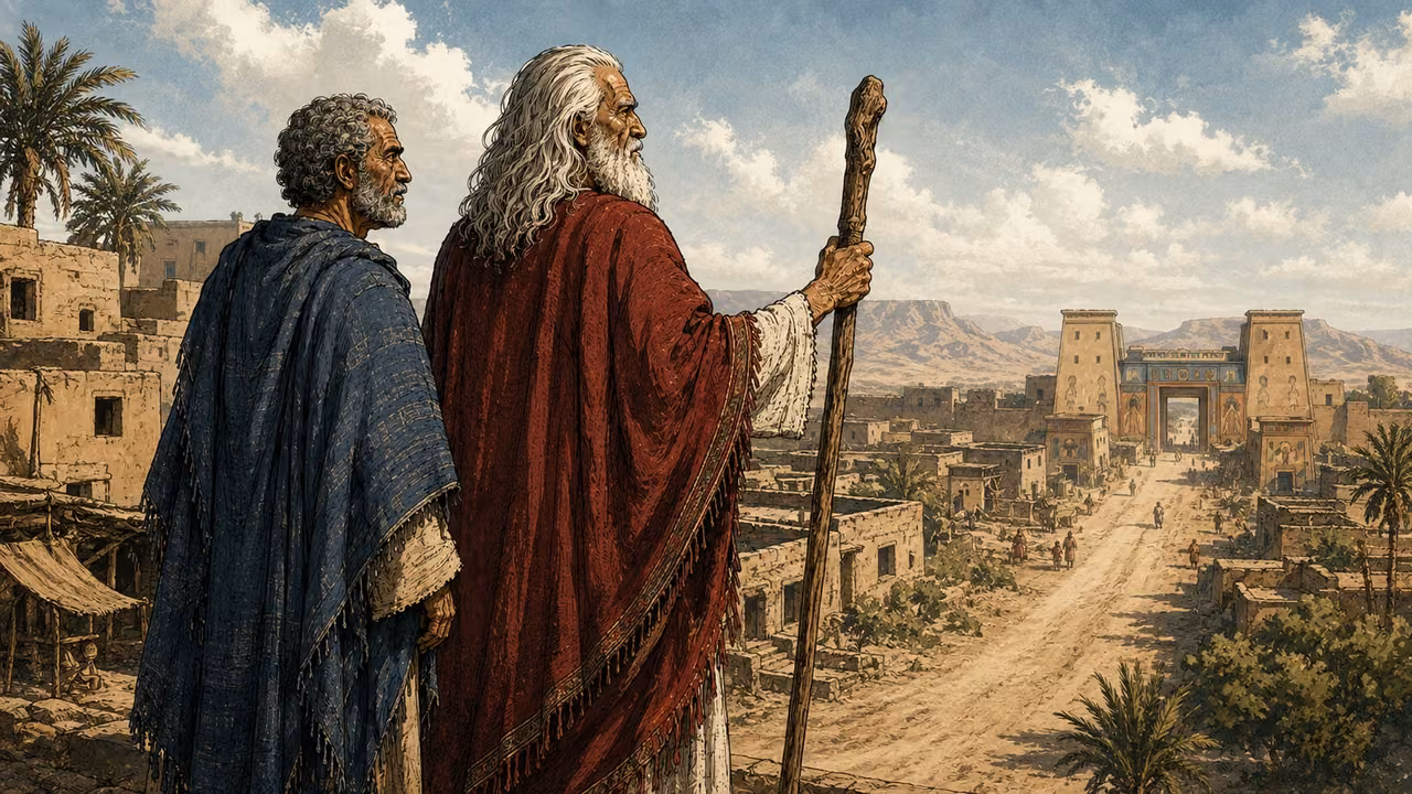 Exodus 6:10-13. The commission renewed. Moses and Aaron stand shoulder to shoulder at the edge of the Hebrew settlement facing the distant Egyptian palace road. Wide three-quarter rear view with both profiles visible, quiet resolve rather than celebration. Moses tall in crimson, long white hair and beard and gnarled staff; Aaron shorter and broader in indigo, short gray curls and rounded beard. Character identities from their respective references remain exact. Low mudbrick homes on one side, dusty road leading to distant painted palace gateway, early natural light and long shadows. No Pharaoh present, no miracle, no bush, no divine figure or lettering. Two men receiving a renewed commission, their difficulty and persistence visible in posture. Bronze Age Exodus setting, not first-century staging. One 16:9 single scene. No text or lettering.