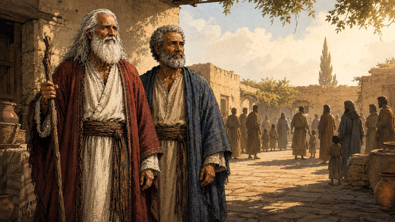 Exodus 6:14-27. The families of the messengers. VISUAL ESSAY illustration for a genealogy, not a newly enacted biblical event. Moses and Aaron stand quietly in foreground at one end of a long simple Hebrew domestic courtyard; behind them a succession of indistinct shadow silhouettes of family households—parents, children and elders—recedes into luminous atmospheric depth, suggesting family continuity across generations. The distant people must be anonymous, low-detail and not recognizable named ancestors. Do not portray dead patriarchs meeting the living brothers. No ghostly faces, halos, literal apparition or family-tree diagram. Match Moses long white hair/crimson and Aaron short gray curls/indigo to their references. Warm parchment-toned hand-inked gouache, restrained poetic composition, no generated names, lettering or labels. Editorial visual essay label will be added outside the image with exact genealogy Scripture. Bronze Age Exodus setting, not first-century staging. One 16:9 single scene. No text or lettering.
